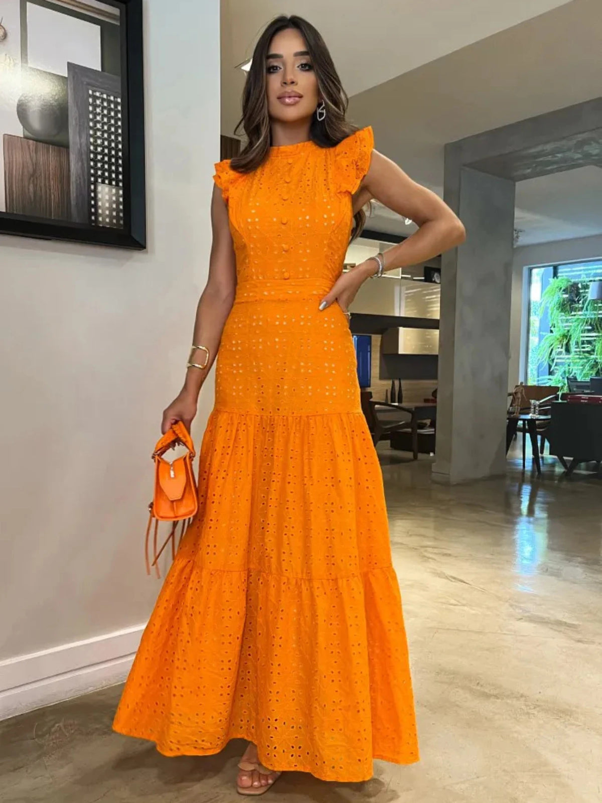 Long Orange Dress with Openwork Detail